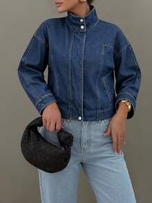 Vintage Dark Blue Denim Jacket For Women, Contrast Stitching Zipper & Button Front, Loose Fit Short Casual Jacket - Denim Original Color - View 4