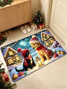 1pc Cat & Dog Wearing Red Hat And Scarf Healing Style Carpet, Doormat, Small Rug, Welcome Mat, Carpet, Floor Mat, Outdoor Doormat, Kitchen Rug, Home Decor, Front Door Mat, Area Rug, Outdoor Mat, Home Decor, Area Carpet, Garden Rug, Washable Carpet - Multicolor - View 3