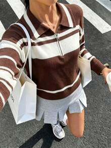 Women Striped Half Zip Polo Collar Long Sleeve Knit Sweater, Casual Loose Cropped Pullover Jumper For Fall - Coffee Brown - View 1