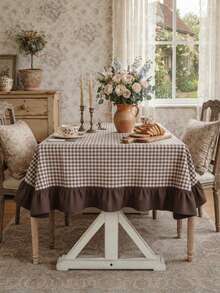 1pc Minimalist Pastoral Home Ruffle Trim Color Block Tablecloth, Brown & White Small Check Dust Cover, Washable & Reusable, Suitable For Dining Room, Kitchen, Banquet, Gathering, Homestay Decor, Holiday Party - Brown - View 1