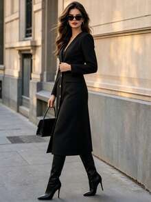DONICY Women Elegant V‑Neck Blazer, Gold Button Front Long Sleeve Fall Office Midi Outerwear - Black - View 9