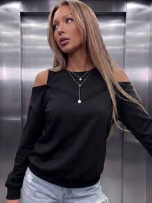 Women's Casual Fleece Lined Cold Shoulder Long Sleeve Sweatshirts For Daily Fall/Winter,Fall Winter Clothes Outfit,Fall Winter Outfit,Going Out.Black - Black - View 2