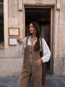 Women's Khaki Corduroy Overalls, Adjustable Shoulder Straps Wide Leg Jumpsuit With Front Pockets, Suitable For Autumn And Casual Daily Wear - Brown - View 2