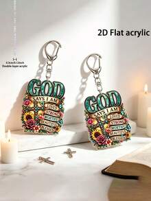 2D Flat "God Said I Am" Floral Cross Acrylic Keychain, Christian Religious Pendant Key Chain, Inspirational Faith Bag Charm, Holiday Birthday Gift For Believer Friends - Multicolor - View 5