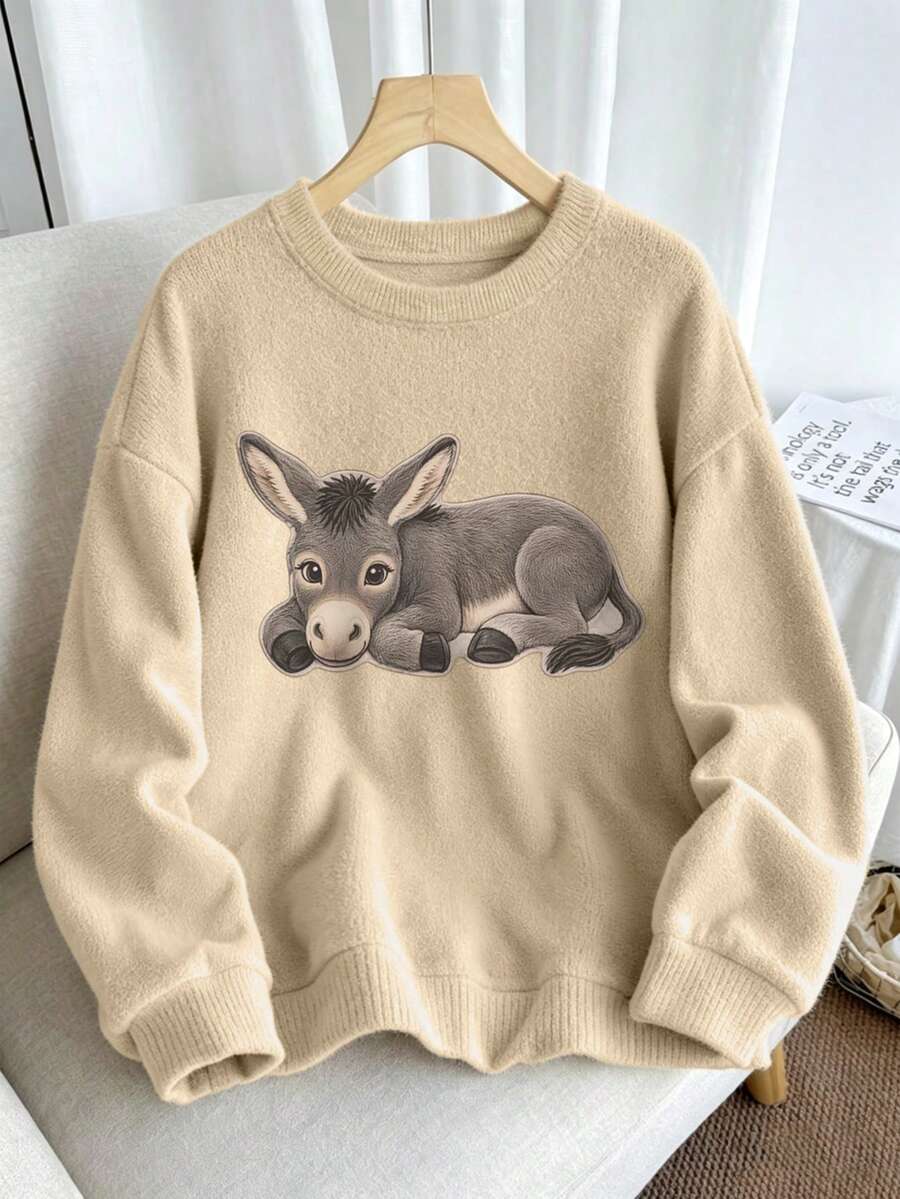 Women's Plus Size Knit Top, Donkey Pattern, Long Sleeve Crew Neck Regular Fit Sweater, Ideal Choice For Autumn Outfit - Apricot - View 1