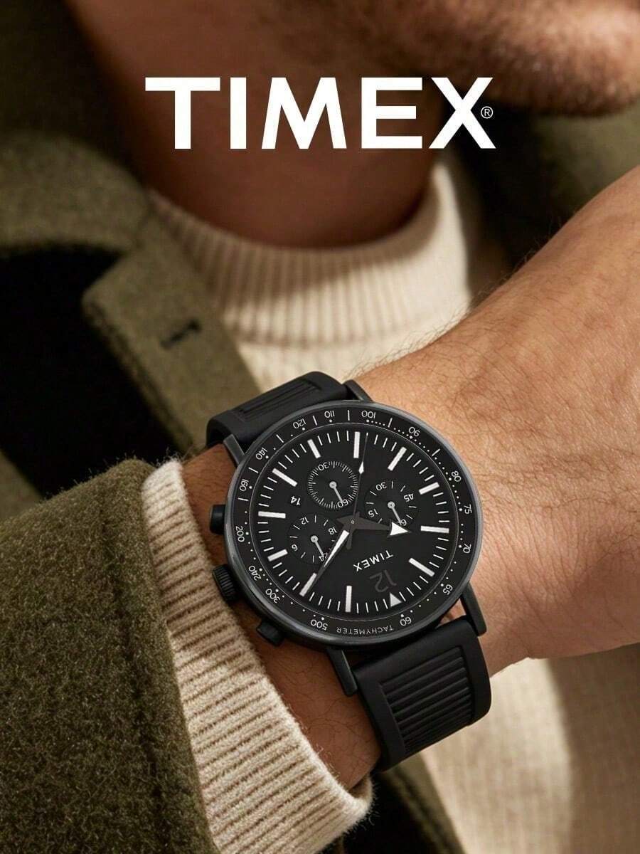 Timex Men's All Black Chronograph Watch, 3 Sub-Dials, Date Display, Tachymeter, Quartz Movement, Textured Silicone Strap, Street Racing Party, Gift For Husband And Friends - Black - View 1