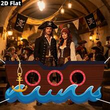 2D Flat 1PC Banner Party Banner, A Cartoon Brown Pirate Ship Hollowed-Out Background Cloth, With Golden Anchor And Blue Wave Pattern, A Photo Decoration On Pirate Theme, And A Banner Background That Can Be Used Without Power. - 1 - View 1