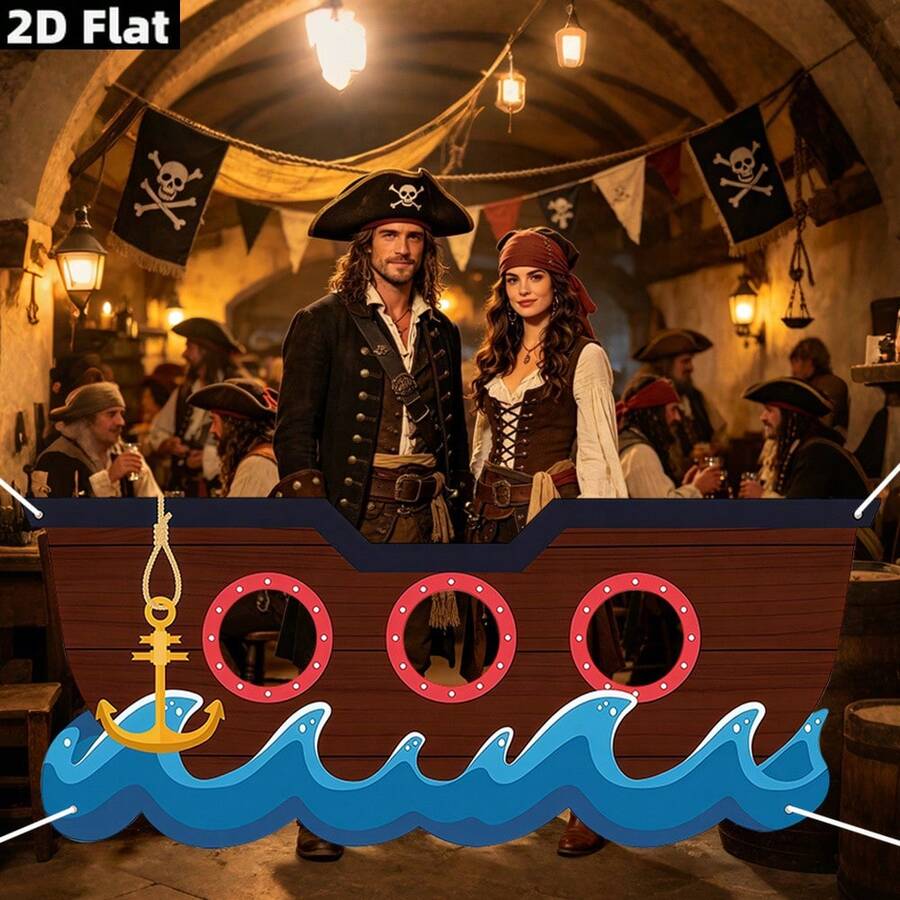 2D Flat 1PC Banner Party Banner, A Cartoon Brown Pirate Ship Hollowed-Out Background Cloth, With Golden Anchor And Blue Wave Pattern, A Photo Decoration On Pirate Theme, And A Banner Background That Can Be Used Without Power. - 1 - View 1