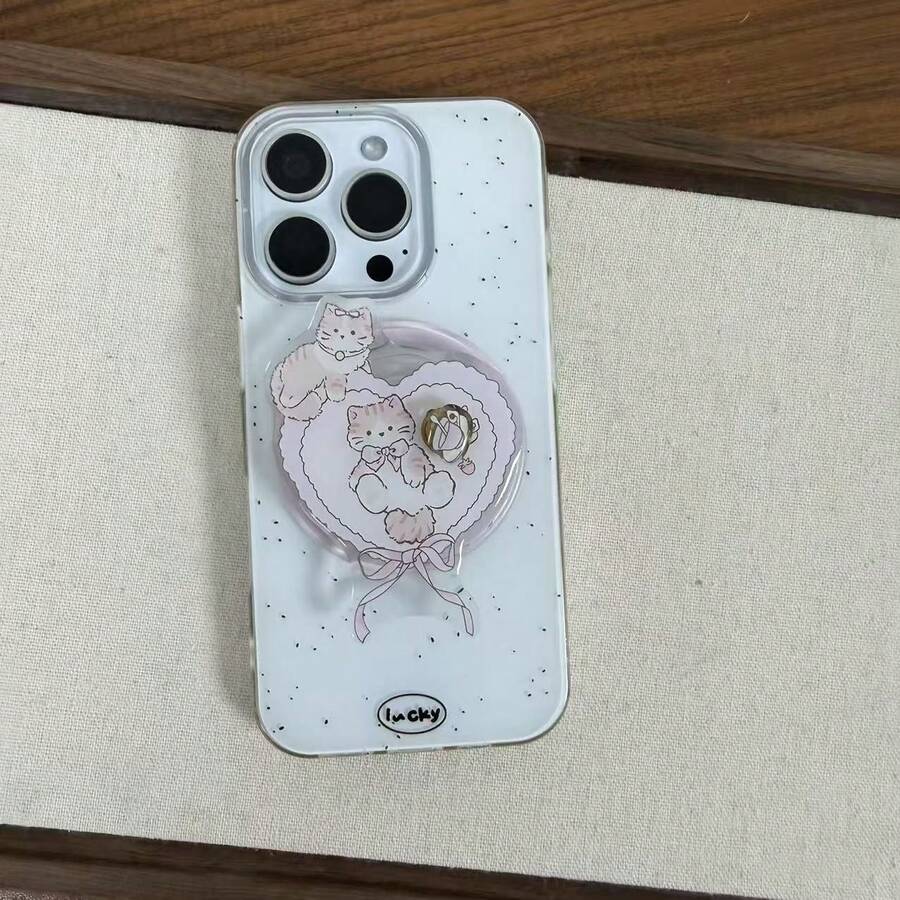 Cute Cartoon Cat Phone Stand, Adhesive And Magnetic Options, Pink Heart-Shaped Desktop Phone Holder, Slouchy Person Multi-Function Telescopic Support Stand - Baby Pink - View 1