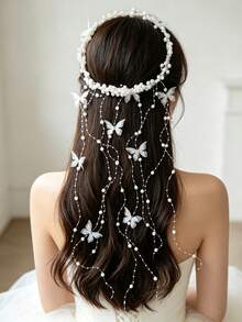 New Butterfly Tassel Flower Wreath Handmade Bead Headband, Sen Style Princess Style Fashionable Bridal Headpiece, Wedding Headband - White - View 5