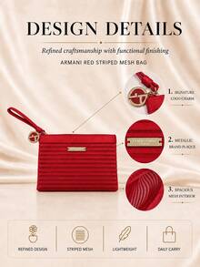 Giorgio Armani Armani Red Striped Mesh Bag, 16*11.5cm, Single Piece, Lightweight With Wrist Strap, Daily Use, Storage For Small Makeup Items - Red - View 6