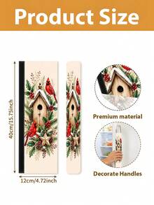 1/2Pcs Christmas Fridge Handle Covers, North American Cardinal & Berry Pattern, With Hook And Loop Fastener, Suitable For Refrigerator, Oven, Microwave, Dishwasher, Christmas Kitchen Decor - View 2