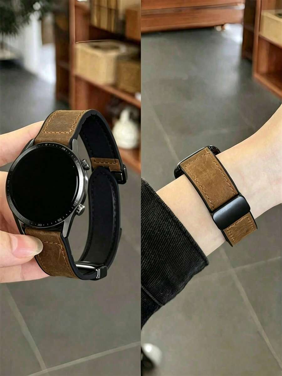 1 buah Tali Jam Tangan Magnetik Kulit Silikon Motif Crazy Horse, Kompatibel dengan /, Cocok untuk Tali Jam Tangan 20mm/22mm - Coklat - View 1