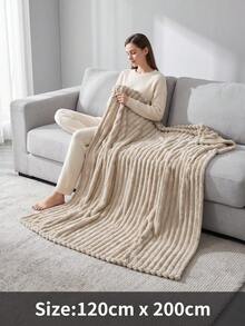 1pc Solid Color Striped Soft Warm Plush Blanket, Room Decor Multi-Functional Throw Blanket, Halloween Decoration Suitable For Bed, Sofa, Travel, Office, Bedroom Decor Home Decoration All Season Use, Christmas Decoration Halloween Is The Perfect Gift For Friends And Family - Khaki - View 14