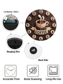 1pc 2D Coffee Cup Design Silent Wall Clock, Wooden Round Eternal Wood Plate, Fashion Kitchen Decor, Suitable For Coffee Lovers, Create Cozy Morning Atmosphere, AA Battery Powered (Battery Not Included) - Multicolor - View 9