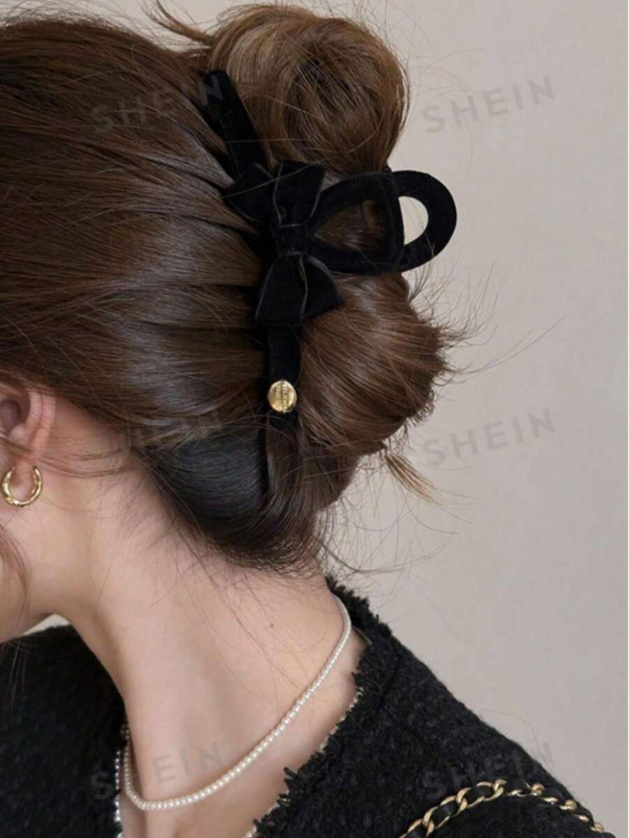1pc Women's Black Flocked Double-Sided Bow & Letter Cross Hair Clip, Fashionable Minimalist Daily Accessory, Suitable For Everyday Use - Black - View 1