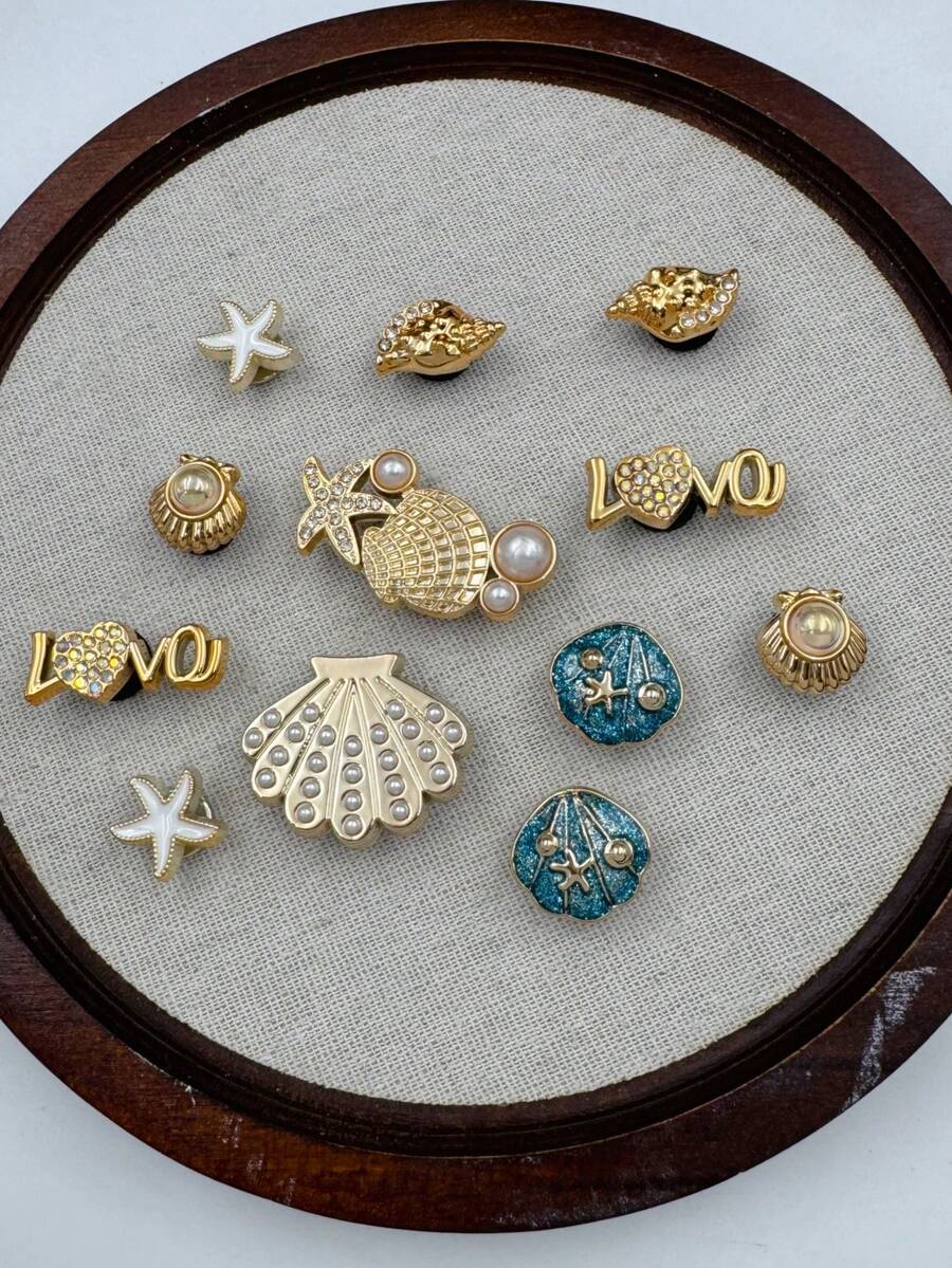 12件裝金色海洋系列鞋飾(海星、貝殼),適用於涼鞋、拖鞋、沙灘鞋、園藝鞋等,DIY可拆卸鞋子裝飾,生日派對與節日的完美禮物 - 金色 - 查看 1