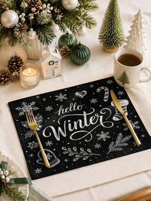 Christmas Table Runner, Placemat, Throw Pillow, Rustic Chalkboard Style Black Background White Text "Hello Winter" Christmas, Snowflake Holly Gloves Candy Cane Sock Pattern, Home Sofa Bedroom Holiday Decor - Multicolor - View 4