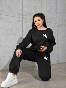 Women's 2 Pieces Loungewear Set, NY Letter Print Drawstring Crew Neck Sweatshirt And Sweatpants Set, Casual Long Sleeve Loungewear Set, Suitable For Home Warmth, Outdoor Sports And Winter Wear - Black - View 1