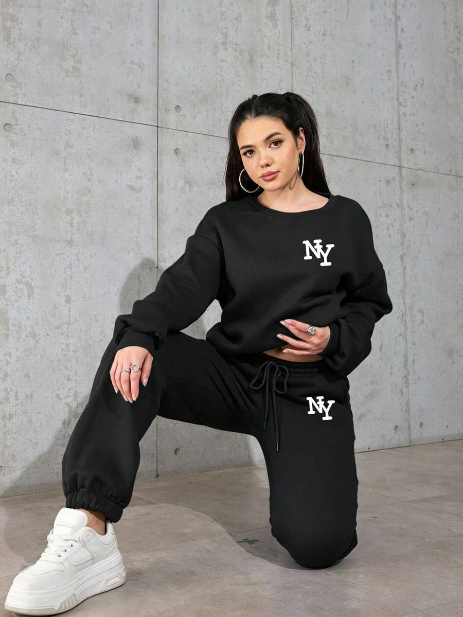 Women's 2 Pieces Loungewear Set, NY Letter Print Drawstring Crew Neck Sweatshirt And Sweatpants Set, Casual Long Sleeve Loungewear Set, Suitable For Home Warmth, Outdoor Sports And Winter Wear - Black - View 1