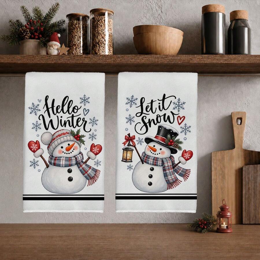 2PCS Kitchen Towels, Winter Snowman Pattern Dish Cloths, Minimalist Style 40*60cm Rectangular Microfiber Cleaning Towels, Perfect For Kitchen, Dining Room And Bathroom Use, Kitchen Decor, Home Decoration, Housewarming Gift For Neighbors, Scouring Pads Dishcloths - White - View 1
