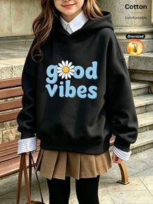 2026 Autumn/Winter Girls' Custom Loose Black Hoodie, Blue Lettering With White Daisy Pattern, Casual Street Style - Black - View 12