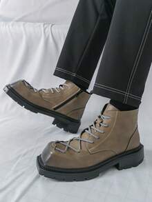 Men's Boots Square Toe Distressed Gradient Toe Cap Contrast Color Thick Rope Shoelaces Side Hidden Zipper Thick Sole Design Sturdy Boot Shape Clean Stitching Men's Casual Shoes Winter Boots Outdoor Commute Men's Boots - Khaki - View 11