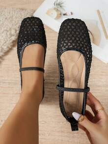 Women's Square Toe Hollow Mesh Mary Jane Flats, Single Strap Breathable Ballet Shoes, Summer Daily Commute Style - Black - View 9