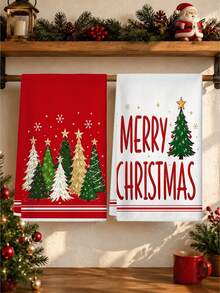 1pc/2pcs Christmas Theme Towel Soft Absorbent Holiday Atmosphere Christmas Tree Letter Gift Sleigh Print Kitchen Decor Cloth Multiple Patterns - Red and White - View 8