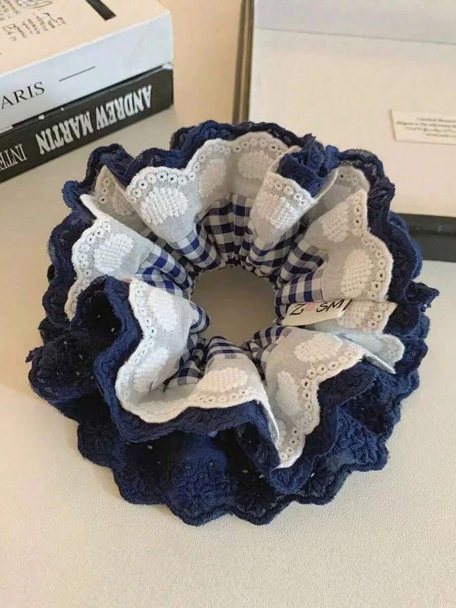 1pc Women's Deep Blue Lace Floral Embroidered Plaid Heart Soft High Elasticity Hair Scrunchie, Hair Accessory Hair Tie Hair Rope, Suitable For Daily Wear - Multicolor - View 1