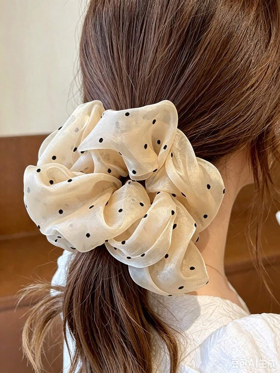 1pc 16cm Extra Large Polka Dot Glass Organza Scrunchie - Beige - View 1