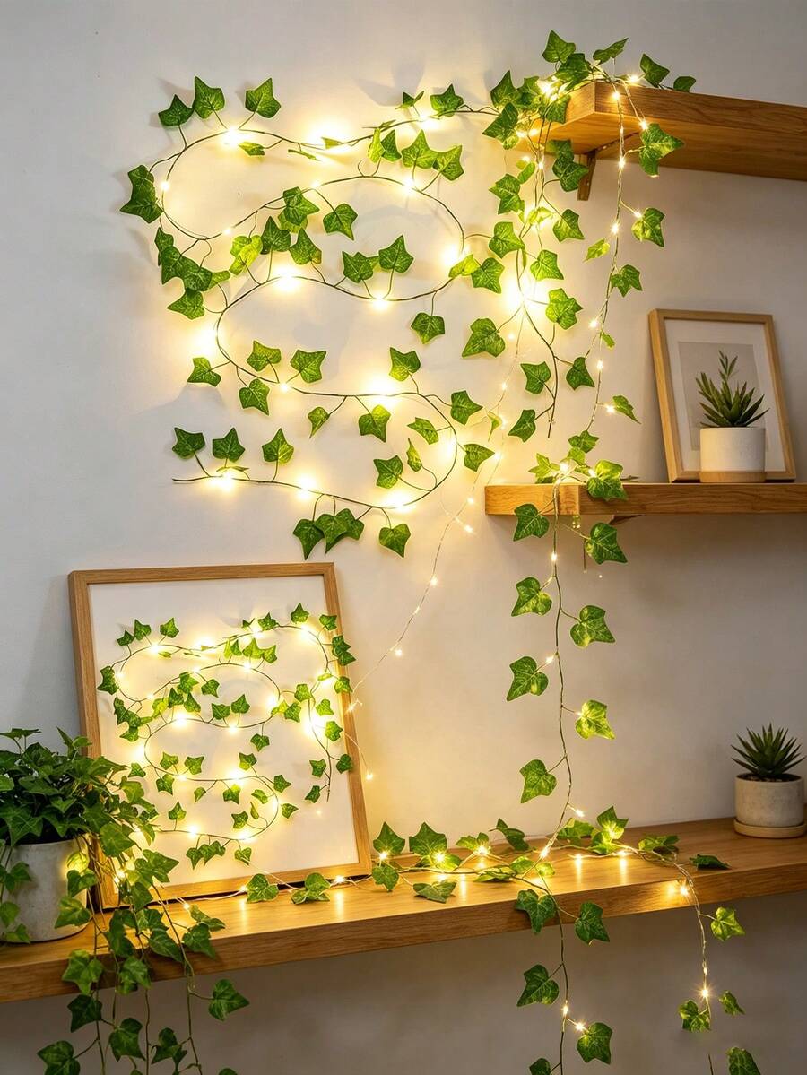 20 Led Battery Powered String Lights, 2m Copper Wire Fairy Lights With Stars & Ivy Leaf Garland, Hanging Vine Lights For Home Bedroom, Christmas, Parties, New Year, Wedding Decorations