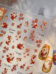 1Sheet Fall Season Maple Fox Nail Sticker Autumn Red Orange Maple Leaf Fire Fox Ornament Wreath Maple Autumn Leaves Script Self‑Stick Nail Decoration Warm Fall Aesthetic Nail Art Supplies For Daily And Party - Multicolor - View 2