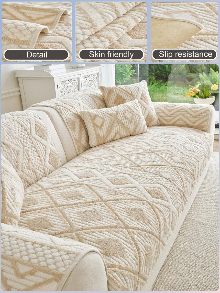 1pc Bohemian Style Plush Jacquard Sofa Cushion, Non-Slip Pet-Friendly Seat Pad, Thickened Warm Sofa Cover, Suitable For 1-4 Seater Sofa, Decorative Protective Cover, Machine Washable, Autumn/Winter - Beige - View 1