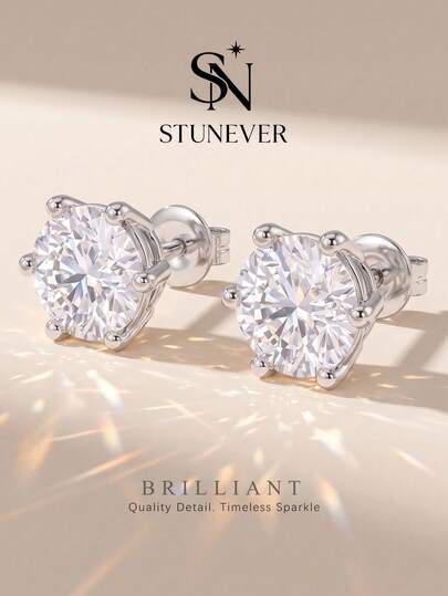 1 Pair Moissanite Earrings, 6-Prong Moissanite Studs, White Gold Plated, Elegant Wedding Birthday Anniversary Gift Jewelry
