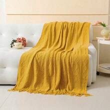 A Wavy Pattern Bed Blanket, Nordic Style Acrylic Rectangular Tassel Solid Color Sofa Throw Blanket Bed Decorative Blanket Lunch Blanket Knitted Blanket - Vertical Rhombus Yellow - View 6