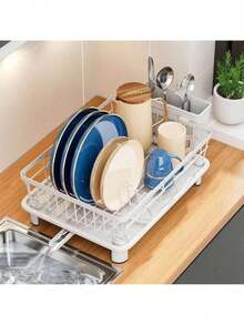 Rak Pengeringan Piring Countertop Dengan Pemegang Utensil, Penyelenggara Penguras Piring & Mangkuk Kompak, Tempat Penyimpanan Wastafel Dapur Hemat Ruang, Rak Penguras Alat Makan Rumah Tangga Untuk Dapur Kecil, Aksesori Dapur Apartemen Rak Penyimpanan Sink Serbaguna - Putih - View 1