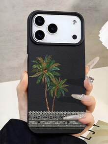 1pc 2D Printed Palm Tree Pattern Phone Case, Saudi Arabian Style Popular Creative Premium Design, Waterproof Durable Dustproof Fashion Minimalist With Camera Protection Black Matte Feel Full Coverage Protective Phone Case, Suitable As Easter, Christmas, Halloween, Birthday Gift For Girlfriend, Boyfriend, Friends Or Self-Use, Compatible With 18 Pro/18 ProMax, Compatible With Galaxy Series Models - Black - View 3
