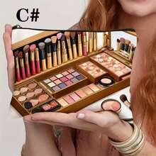 A Standalone Makeup Bag With Flat 2D Design, White Base And Exquisite Pattern Including Images Of Makeup Brushes, Lipstick And Eyeshadow Palette. Equipped With Zipper Closure, Ideal For Travel Cosmetic Storage, Excellent - Multicolor - View 10