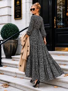 Women's A-Line Floral Maxi Dress With Long Sleeves - Black - View 5