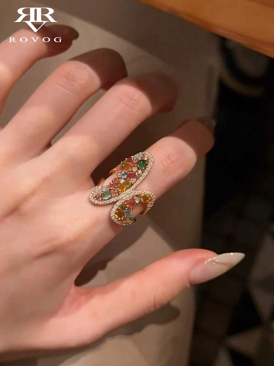 1pc Fashionable Vintage Asymmetrical Colorful Butterfly Ring Suitable For Women's Wedding, Party, Dance