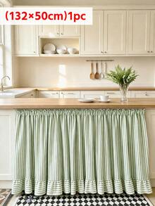 1pc Minimalist Retro Green & White Striped Table Skirt, Ruffle Edge Lightweight Half-Curtain To Hide Cabinet Clutter, Suitable For Entryway Cabinet, Window Sill, Sideboard, Washbasin, Kitchen, Balcony, Bay Window - Green - View 8