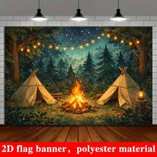 One 2D Banner Banner For Forest Camping Bonfire Theme, With String Lights, Tents And Mushrooms In Starry Night Design, Suitable For Indoor And Outdoor Scenes Without Power Supply, And Suitable For Room Decoration. - 1 - View 6