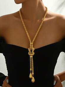 1pc Unique Vintage Chunky Chain Flower Adjustable Pull Sweater Necklace For Wedding Party - Yellow Gold - View 6