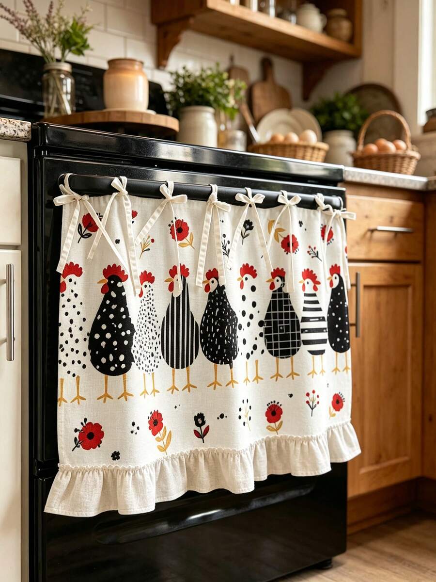 1PC Kitchen Curtain, Kitchen Decor, Multi-Functional Oven Protective Curtain, Cute Black & White Chicken Pattern With Red Flowers, Polyester Fabric With Ruffle Hem And Tie-Up Top - Multicolor - View 1