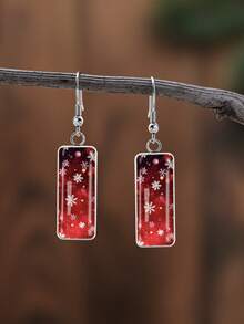 YUJUGLOW 1 Pair Christmas Red Background Falling Snowflake & Light Spot Pattern 316 Stainless Steel Water Drop Earrings, Suitable For Women's Daily Wear - Red - View 1