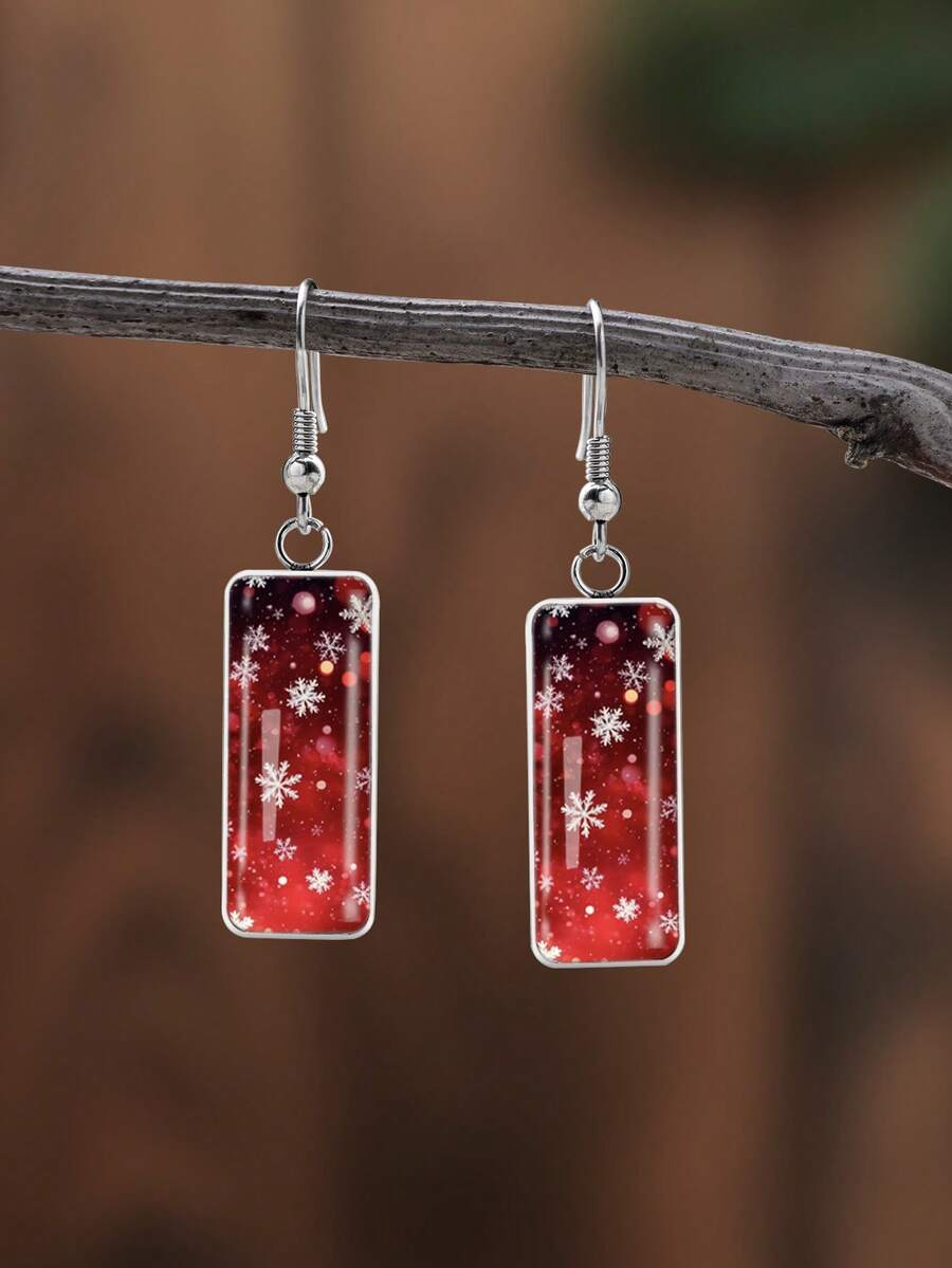 YUJUGLOW 1 Pair Christmas Red Background Falling Snowflake & Light Spot Pattern 316 Stainless Steel Water Drop Earrings, Suitable For Women's Daily Wear - Red - View 1