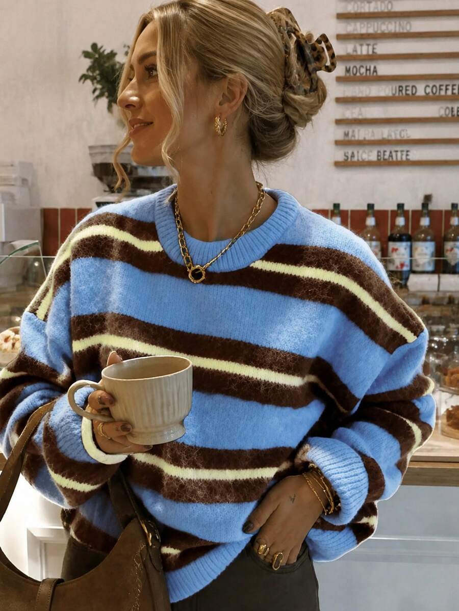Plus Size Women's Striped Knit Pullover Sweater, Regular Fit Long Sleeve Round Neck Top For Autumn/Winter - Dusty Blue - View 1