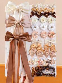 52/3pcs Girls Coffee Color Double Layer Bow Tassel Ribbon Hair Clips Hair Accessories Head Clips Back Of Head Clips Side Clips Alligator Hair Clips For Daily Use - Multicolor - View 1