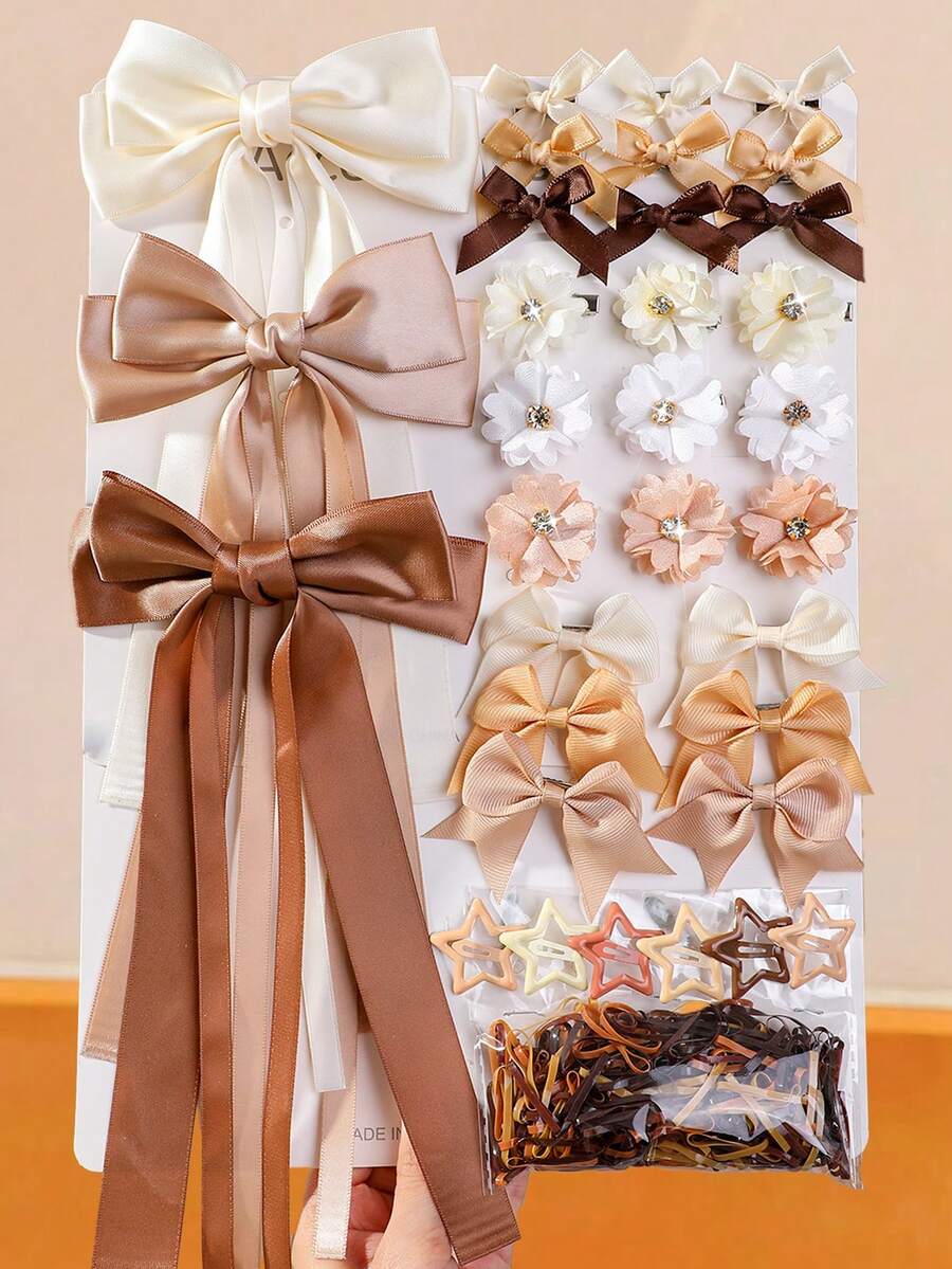 52/3pcs Girls Coffee Color Double Layer Bow Tassel Ribbon Hair Clips Hair Accessories Head Clips Back Of Head Clips Side Clips Alligator Hair Clips For Daily Use - Multicolor - View 1